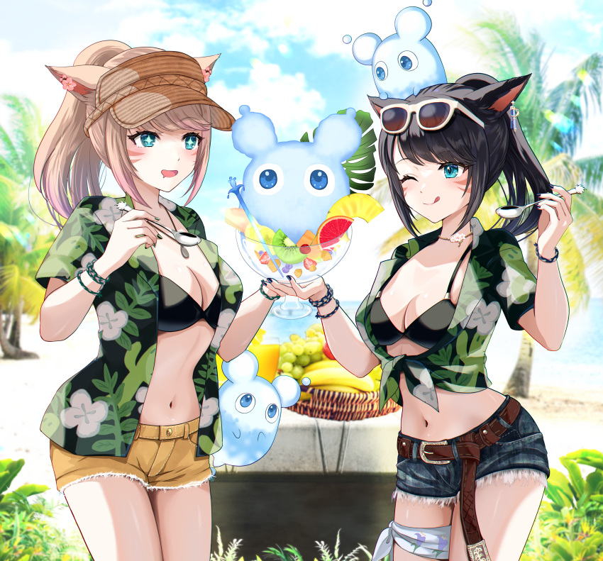 2girls absurdres banana beach belt bikini bikini_top_only black_bikini blue_eyes blue_shorts bowl breasts brown_shorts cleavage commentary_request denim denim_shorts dessert drooling earrings eyewear_on_head feet_out_of_frame final_fantasy final_fantasy_xiv floral_print_shirt food fruit grapes highres holding holding_bowl holding_spoon ice_cream jewelry kiwi_(fruit) kiwi_slice kudoukudokudo licking_lips looking_at_object medium_breasts midriff miqo'te multiple_girls nail_polish navel necklace nixie_(ff14) one_eye_closed orange_(fruit) orange_slice palm_tree photo_background pineapple pineapple_slice sand shorts single_earring spoon star-shaped_pupils star_(symbol) strawberry strawberry_slice sunglasses swimsuit symbol-shaped_pupils tongue tongue_out tree warrior_of_light_(ff14) wristband