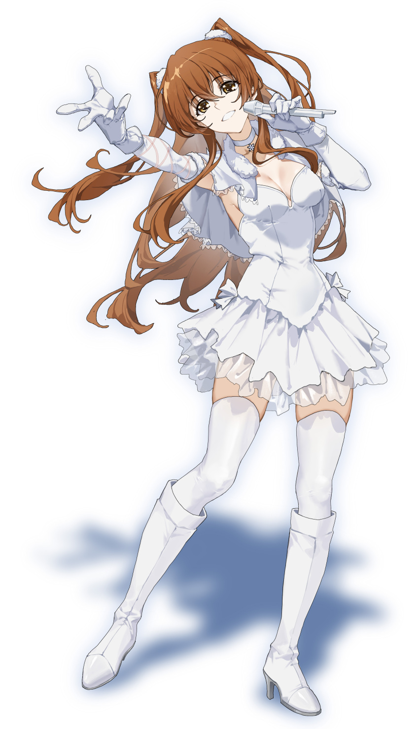 absurdres breasts brown_eyes brown_hair capelet cheese_kang cleavage dress female full_body gloves hair_between_eyes highres holding holding_microphone idol_clothes microphone ogiso_setsuna reaching reaching_towards_viewer shadow solo standing thighhighs two_side_up white_album_(series) white_album_2 white_capelet white_dress white_footwear white_gloves white_thighhighs zettai_ryouiki