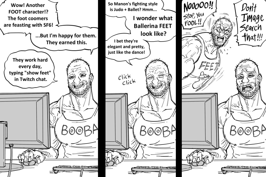 2boys absurdres bb_(baalbuddy) computer computer_keyboard coomer_(meme) english_text greyscale highres meme monitor monochrome multiple_boys muscular muscular_male original sad shouting singlet speech_bubble surprised