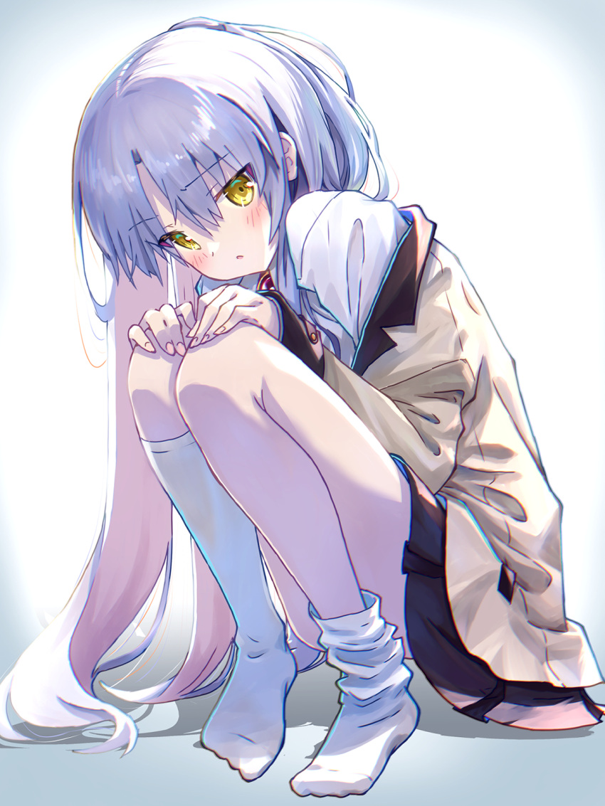 akayama_yukihe angel_beats! blazer blush commentary_request female fingernails hair_between_eyes hands_on_own_knees highres jacket knees_up long_hair no_shoes off_shoulder open_mouth pleated_skirt school_uniform shirt single_loose_sock sitting skirt sock_pull socks solo tachibana_kanade white_background white_shirt white_socks yellow_eyes