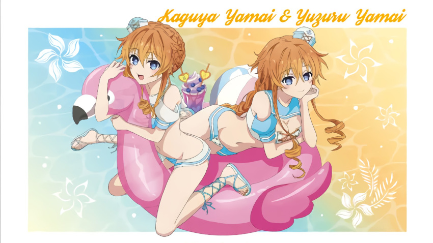 2girls bikini blue_bikini breasts date_a_live highres innertube multiple_girls official_art open_mouth orange_hair smile swim_ring swimsuit third-party_source yamai_kaguya yamai_yuzuru