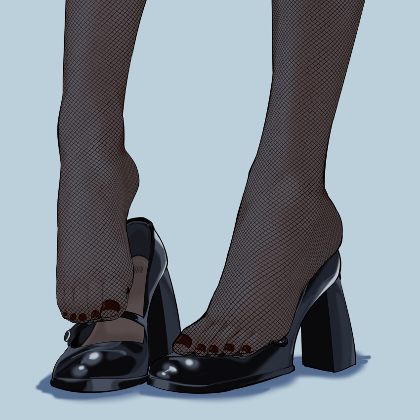 black_footwear black_pantyhose blue_background feet female fishnet_pantyhose fishnets foot_focus footwear_focus high_heels highres nail_polish nanase_young no_shoes original out_of_frame pantyhose removing_shoes see-through see-through_legwear shadow simple_background solo toenail_polish toenails variant_set