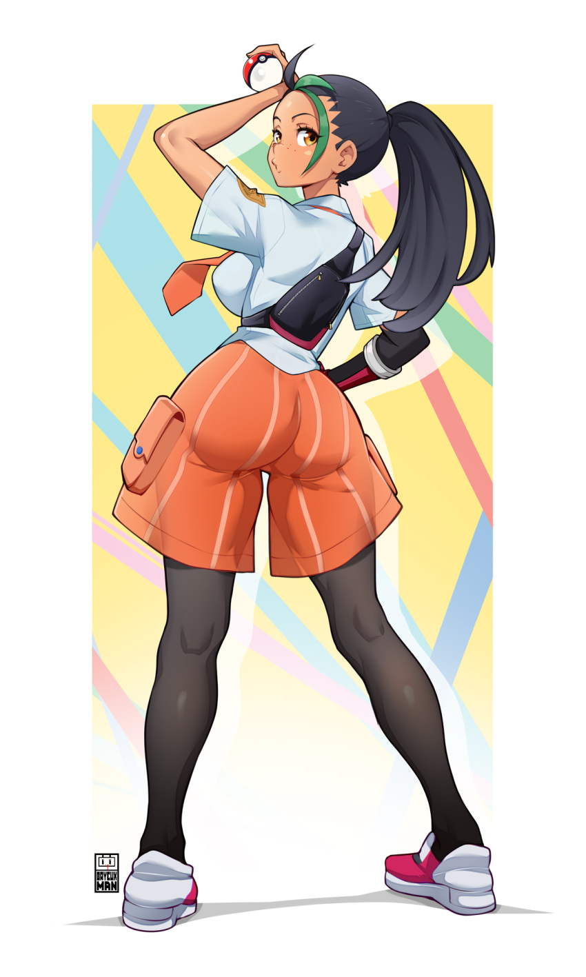 ass bayeuxman black_hair black_pantyhose breasts collared_shirt dark-skinned_female dark_skin female freckles from_behind full_body green_hair hair_pulled_back highres holding holding_poke_ball large_breasts long_hair multicolored_hair naranja_academy_school_uniform necktie nemona_(pokemon) orange_necktie orange_shorts pantyhose poke_ball poke_ball_(basic) pokemon pokemon_sv school_uniform shirt shoes short_sleeves shorts sneakers solo standing streaked_hair two-tone_hair very_long_hair