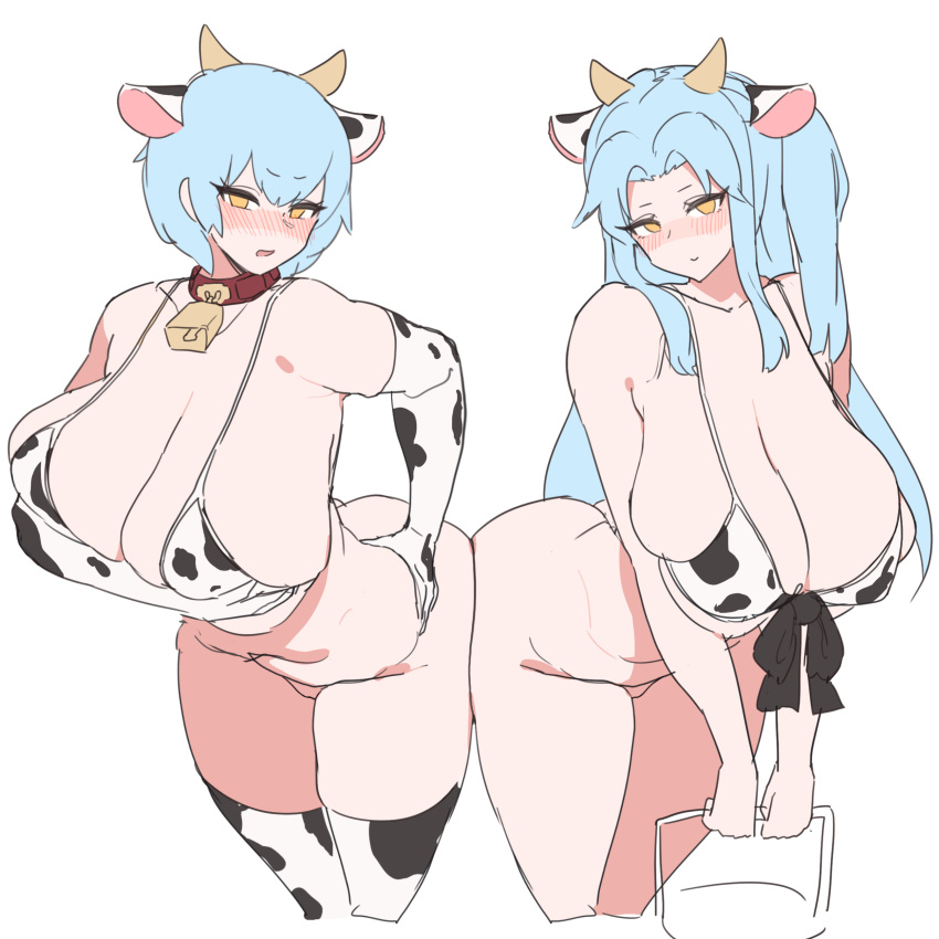 2girls absurdres angela_(project_moon) animal_ears animal_print bell bikini black_bow blue_hair bow breasts bucket collar cow_ears cow_horns cow_print cow_print_bikini cow_print_gloves cow_print_thighhighs cowbell cowboy_shot dual_persona gloves gya_rb highres holding holding_bucket horns huge_breasts library_of_ruina lobotomy_corporation long_hair looking_at_viewer multiple_girls one_side_up parted_bangs print_bikini print_gloves print_thighhighs project_moon red_collar sidelocks swimsuit thighhighs very_long_hair