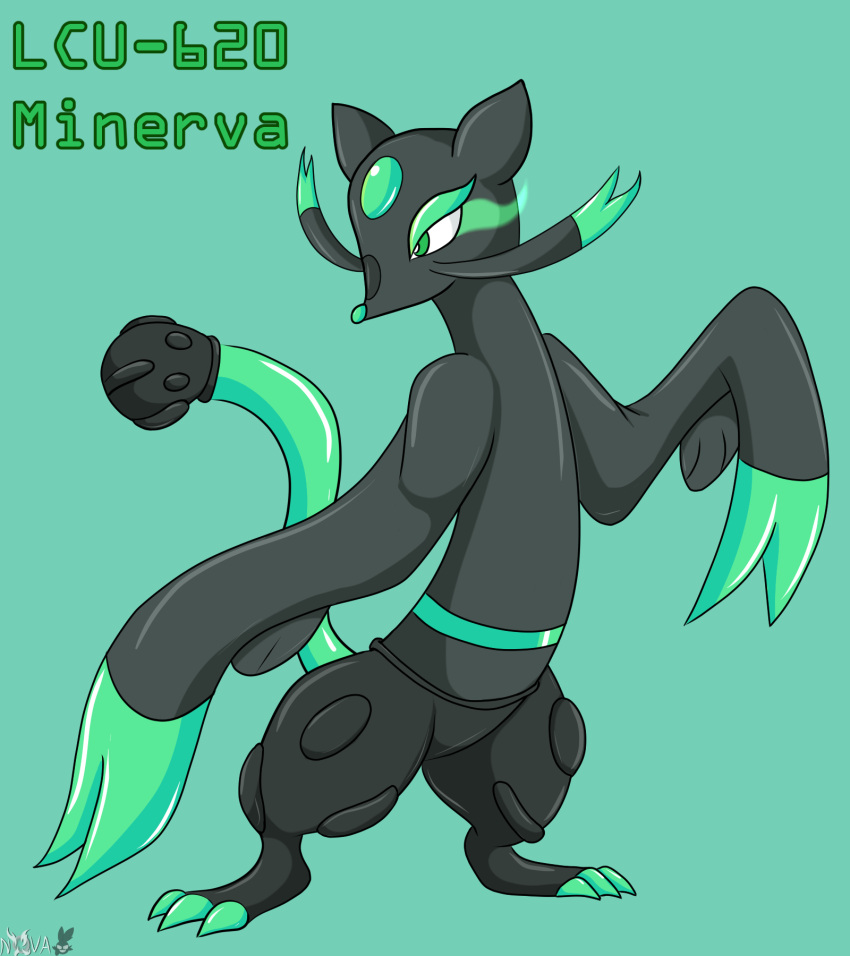 black_and_teal claws fan_character female generation_5_pokemon glowing glowing_eyes goo_creature hi_res latex latex_body latex_skin living_clone_unit living_latex long_tail mammal mewtwo_clone_machine mewtwo_strikes_back mienshao nintendo novaspark pod pokemon pokemon_(species) pokemon_the_first_movie solo tail toe_claws tube