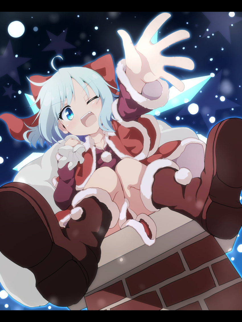 ;d aqua_eyes aqua_hair bag blue_eyes blush boots bow bowtie brick chimney christmas cirno commentary_request do_(4-rt) female fur-trimmed_boots fur-trimmed_sleeves fur_trim hairbow highres letterboxed looking_at_viewer one_eye_closed open_mouth outstretched_arm partial_commentary red_bow red_bowtie red_footwear sack santa_costume shoe_soles short_hair sky smile snow snowing solo star_(symbol) touhou