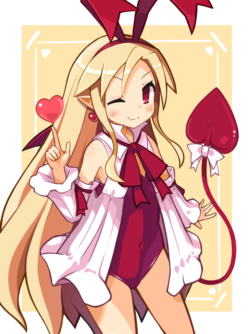 blonde_hair blush border bow demon_girl demon_tail demon_wings detached_sleeves disgaea disgaea_d2 earrings fallen_angel female flonne flonne_(fallen_angel) hairband heart heart_earrings highres jewelry leotard long_hair looking_at_viewer oerba_yun_fang one_eye_closed outside_border pointy_ears red_eyes red_hairband red_leotard red_wings ribbon sidelocks simple_background skin_fang smile solo standing suaman tail tail_bow tail_ornament upper_body very_long_hair white_border wings