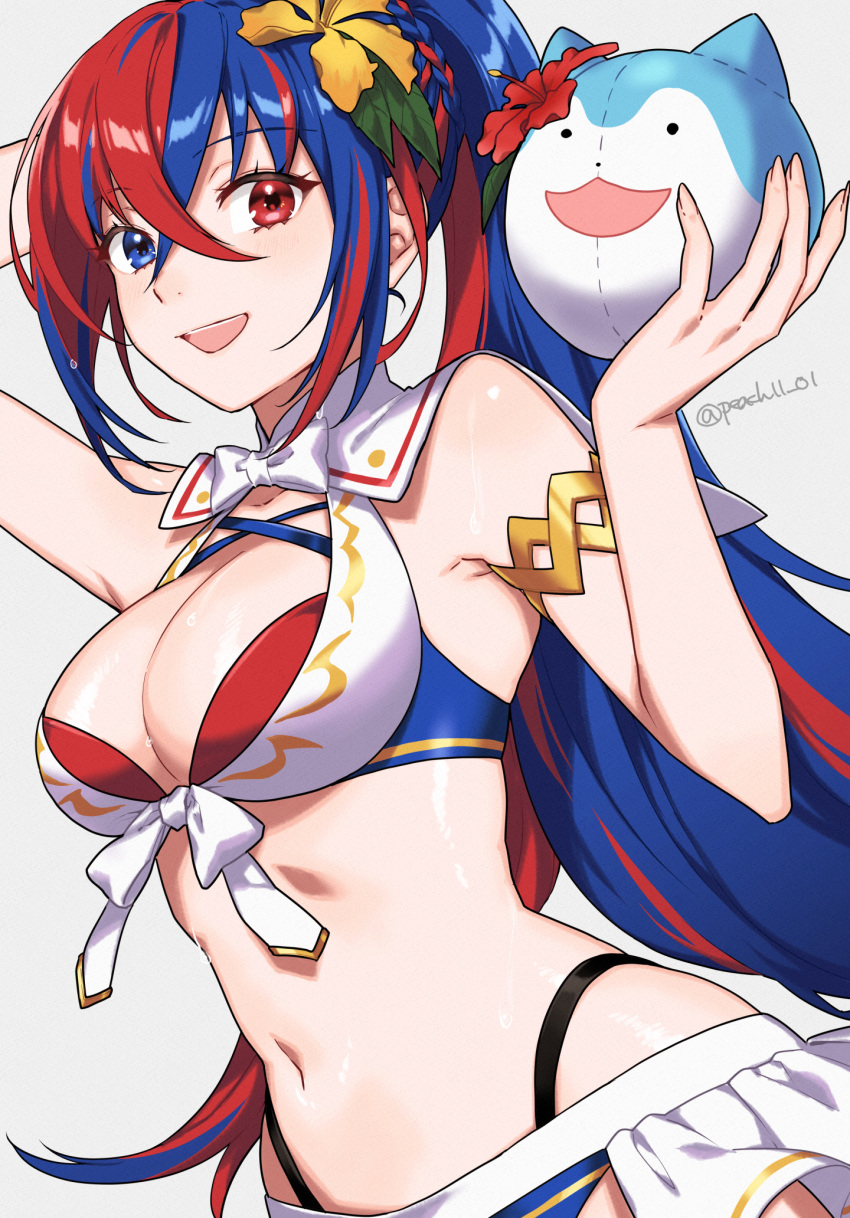 alear_(female)_(fire_emblem) alear_(female)_(seaside_dragon)_(fire_emblem) alear_(fire_emblem) bikini blue_bikini blue_eyes blue_hair breasts cleavage crossed_bangs female fire_emblem fire_emblem_engage fire_emblem_heroes halterneck heterochromia highres long_hair multicolored_clothes multicolored_hair navel official_alternate_costume official_alternate_hairstyle peach11_01 ponytail red_bikini red_eyes red_hair sommie_(fire_emblem) split-color_hair swimsuit two-tone_hair very_long_hair white_bikini