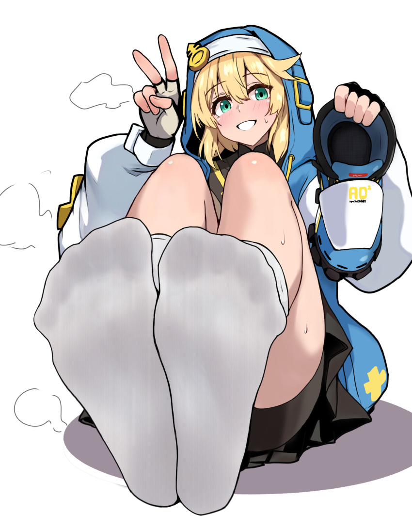 1boy bike_shorts blonde_hair blue_footwear blush bridget crossdressing feet fingerless_gloves foot_focus foreshortening full_body gloves green_eyes guilty_gear hair_between_eyes hand_up hands_up highres knees_up long_hair looking_at_viewer male_focus miniskirt no_shoes on_ground otoko_no_ko pleated_skirt puffy_sleeves shadow shoes sitting skirt smile socks soles solo spread_toes sweatdrop tarosu toes unworn_shoes v white_socks