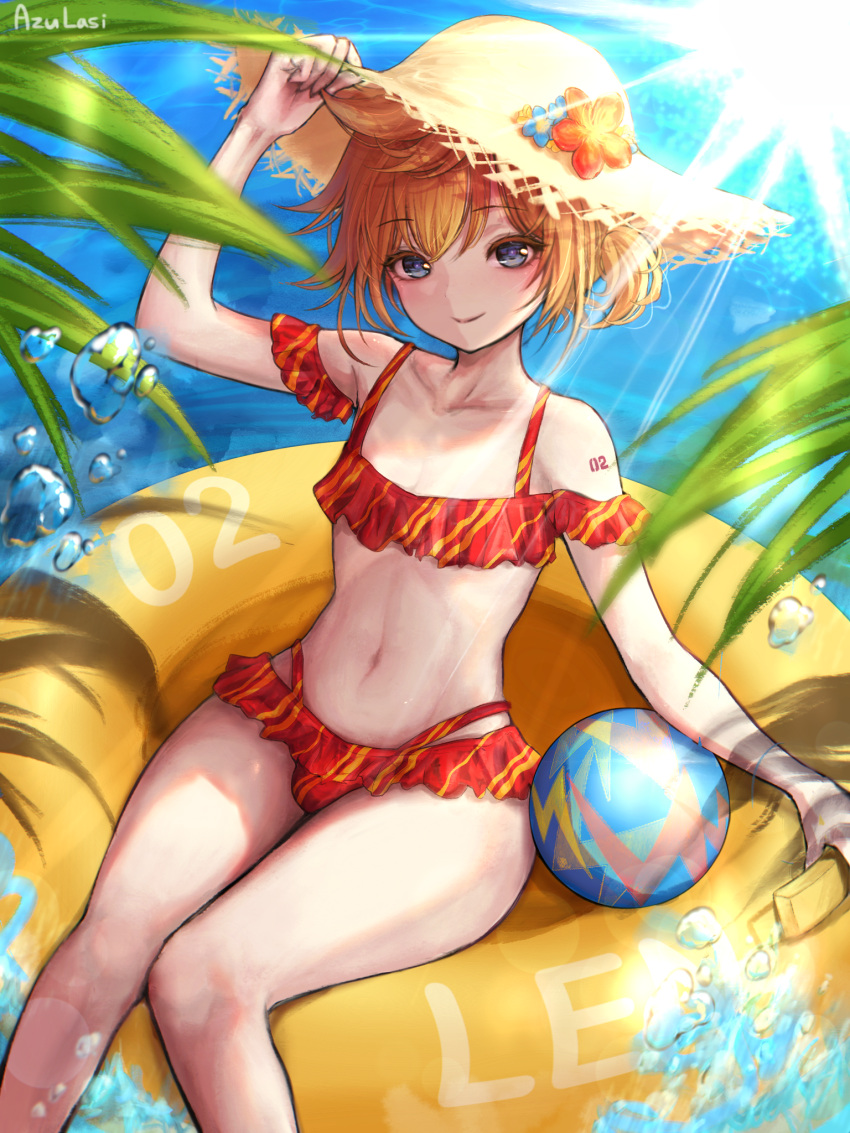 1boy adjusting_clothes adjusting_headwear androgynous azulasi ball beachball bikini blonde_hair blue_eyes collarbone commentary crossdressing hat highres holding holding_phone innertube kagamine_len light_smile looking_at_viewer male_focus otoko_no_ko palm_tree phone red_bikini shoulder_tattoo side_ponytail straw_hat sun_hat swim_ring swimsuit tattoo tree vocaloid water water_drop wet_lens