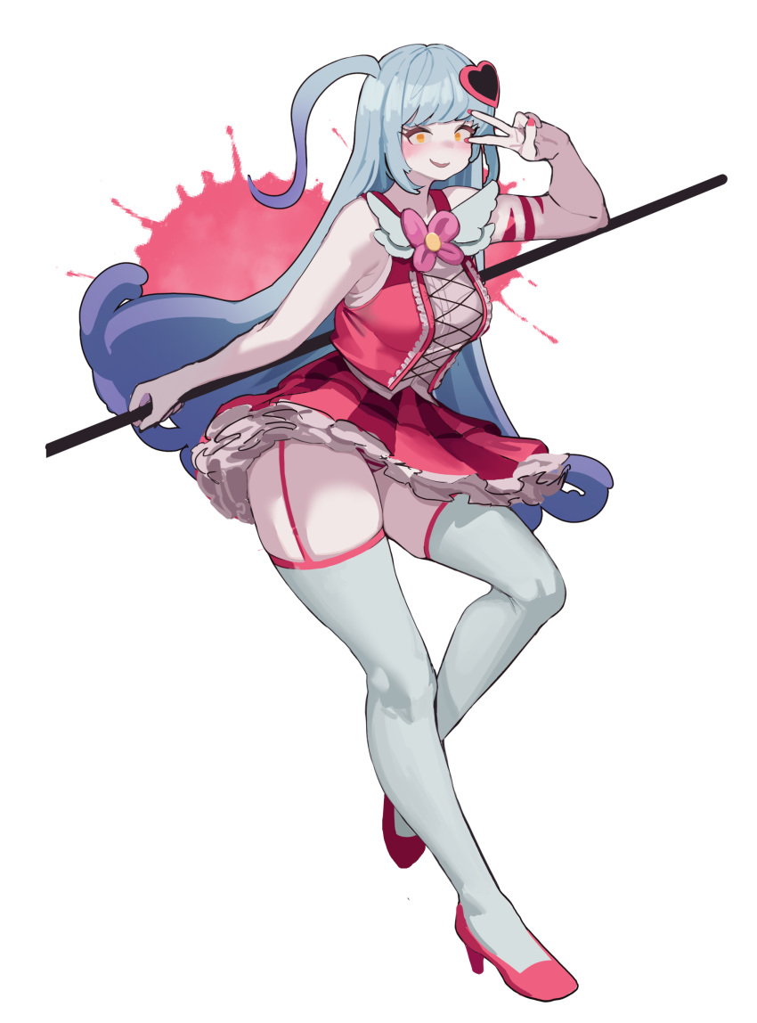 absurdres arm_tattoo bare_arms blue_hair bow bowtie female garter_straps gya_rb hair_ornament hand_up heart heart_hair_ornament high_heels highres lobotomy_corporation long_hair looking_at_viewer paint_splatter parted_lips pink_bow pink_bowtie pink_footwear pink_skirt pink_vest project_moon queen_of_hatred shoes skirt smile solo tattoo thighhighs two_side_up v very_long_hair vest white_thighhighs wide-eyed