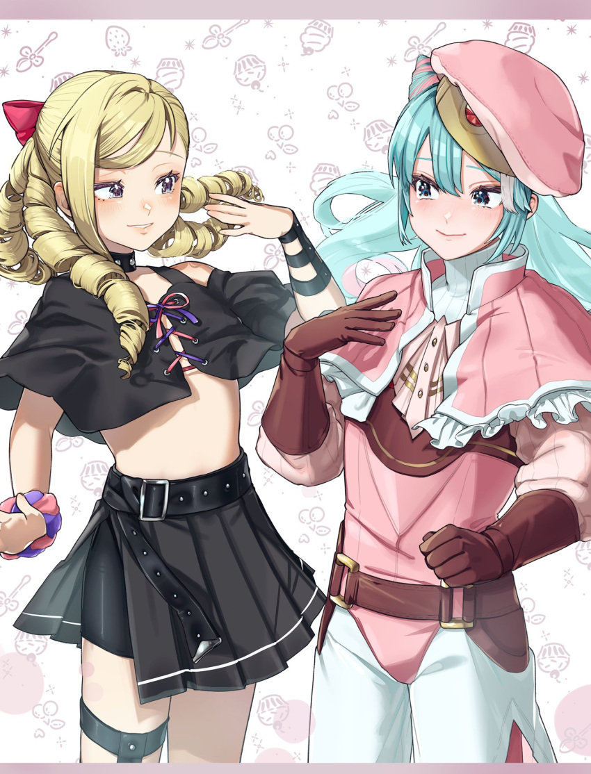 2boys androgynous beret blonde_hair blue_hair brown_gloves cone_hair_bun cosplay costume_switch drill_hair fire_emblem fire_emblem_engage fire_emblem_fates forrest_(fire_emblem) forrest_(fire_emblem)_(cosplay) gloves hair_bun hair_horns hat highres in-franchise_crossover legwear_garter light_blue_hair misokatsuhaumai multiple_boys otoko_no_ko quad_drills rosado_(fire_emblem) rosado_(fire_emblem)_(cosplay) shorts shorts_under_skirt single_legwear_garter skirt smile trait_connection