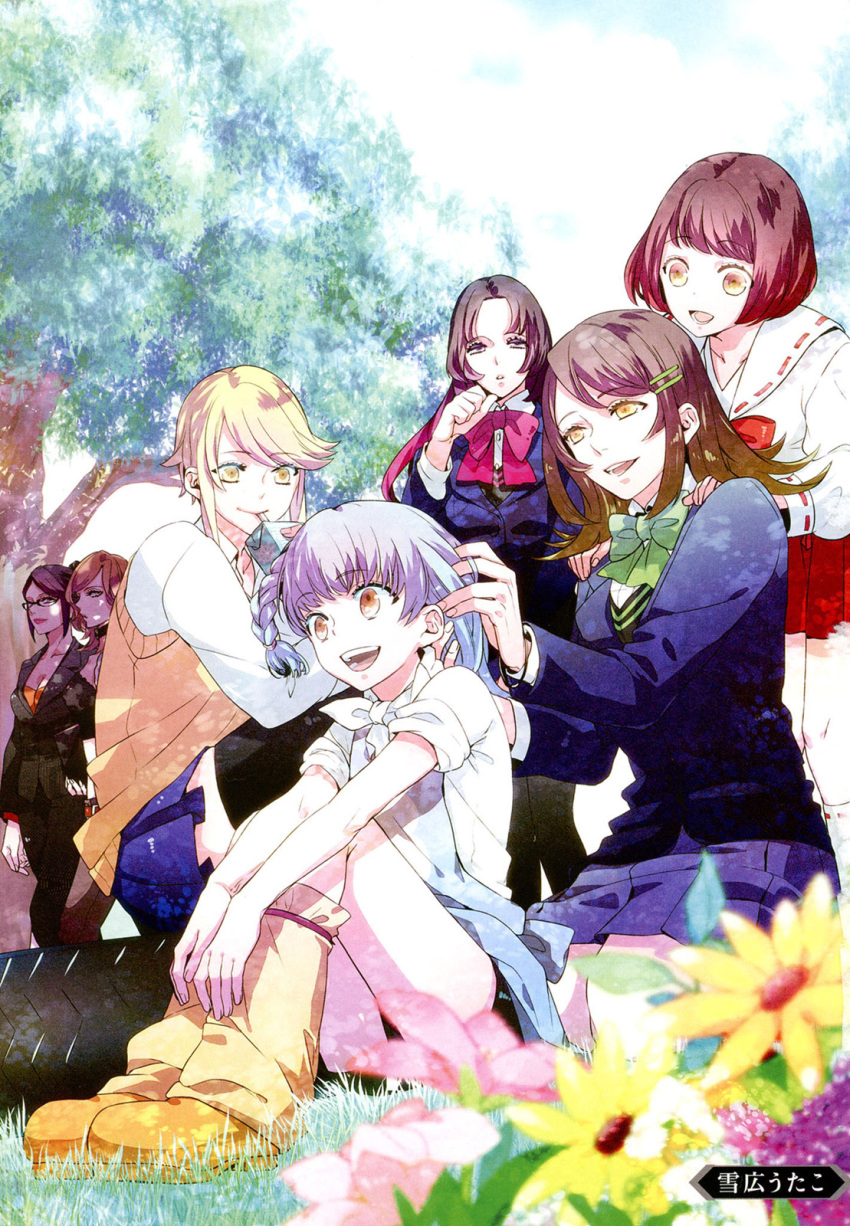 6+girls :d black_hair blonde_hair blue_skirt bow braid braiding_hair brown_eyes brown_hair drinking_straw drinking_straw_in_mouth flower gakuen_basara green_bow guest_art hair_ornament hairclip hairdressing hands_on_another's_shoulders highres itsuki_(sengoku_basara) kasuga_(sengoku_basara) long_hair looking_at_another matsu_(sengoku_basara) medium_hair multiple_girls non-web_source nouhime_(sengoku_basara) official_art oichi_(sengoku_basara) on_grass on_ground pink_bow purple_hair red_bow red_shirt saika_magoichi_(sengoku_basara) sailor_collar school_uniform sengoku_basara shirt short_hair short_hair_with_long_locks sitting skirt smile sweater_vest tree tsuruhime_(sengoku_basara) white_sailor_collar white_shirt yellow_eyes yukihiro_utako