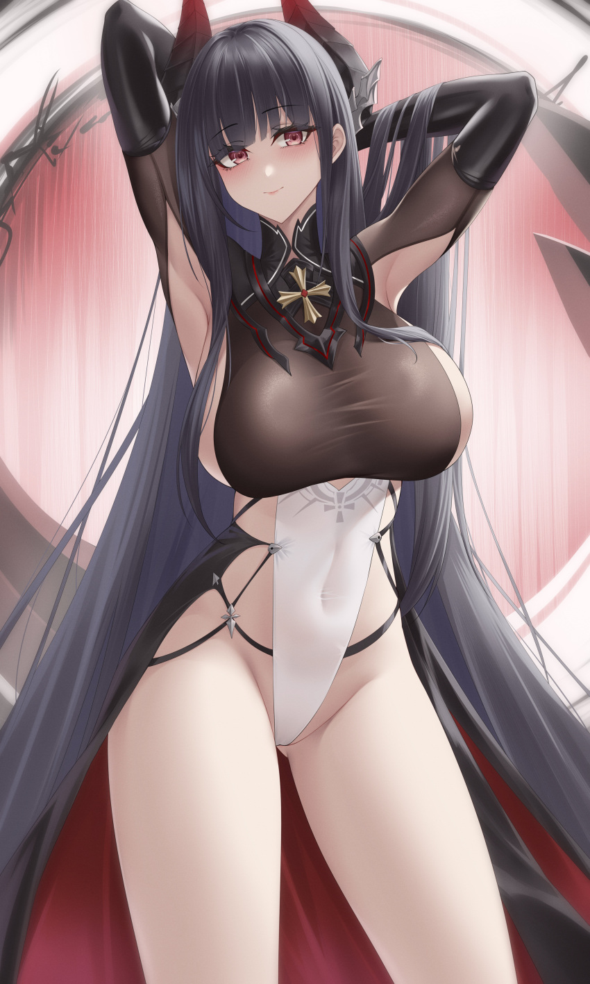 absurdres alvitr_(azur_lane) armpits ass_visible_through_thighs azur_lane black_cape black_hair black_shirt black_thighhighs blunt_bangs breasts cape closed_mouth commentary_request covered_navel cowboy_shot cross curled_horns elbow_gloves female gloves highres horns ichikushi_mojibake large_breasts leotard long_hair looking_at_viewer red_eyes shirt sideboob sideboob_cutout smile solo standing taut_clothes thighhighs very_long_hair waist_cape white_leotard