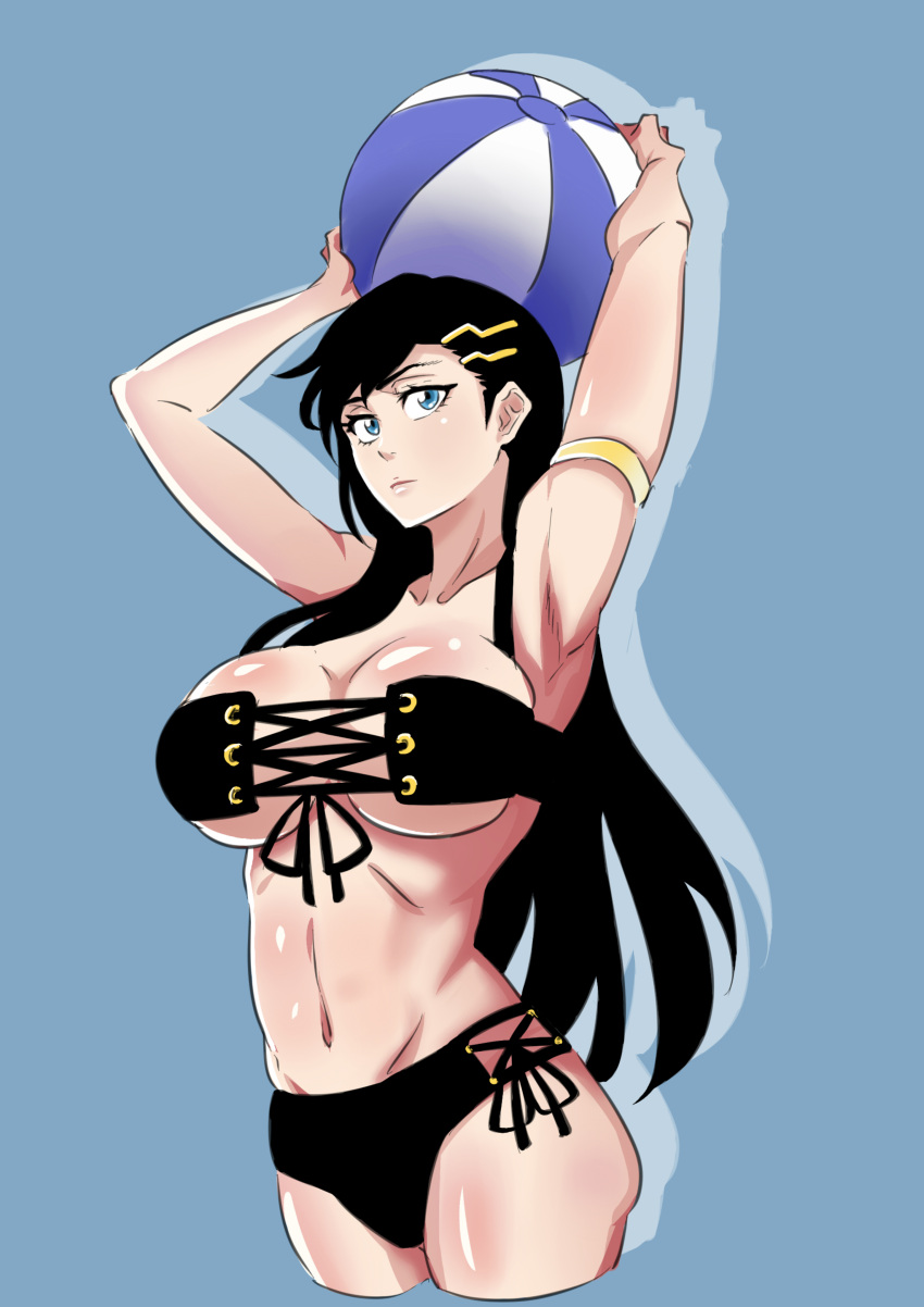 absurdres armlet armpits arms_up ball beachball bikini black_bikini black_hair blue_background blue_eyes breasts burn_the_witch closed_mouth collarbone cowboy_shot cropped_legs curvy drop_shadow eyelashes female front-tie_bikini_top front-tie_top groin hair_behind_ear hair_ornament hairclip highres holding holding_ball holding_beachball large_breasts lips long_hair looking_at_viewer navel niihashi_noel rakusakugk side-tie_bikini_bottom simple_background solo straight_hair swimsuit tsurime very_long_hair