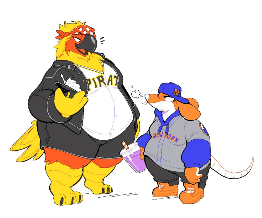 accessory anthro avian backwards_baseball_cap backwards_hat barefoot baseball_cap belly beverage big_belly bird boot_(artist) clothed clothing duo feet food footwear hat headband headgear headwear jacket logo male male/male mammal mlb mouse murid murine new_york_mets orange_body overweight overweight_anthro parrot pittsburgh_pirates rodent shirt shoes short_stack simple_background size_difference tail thick_thighs topwear