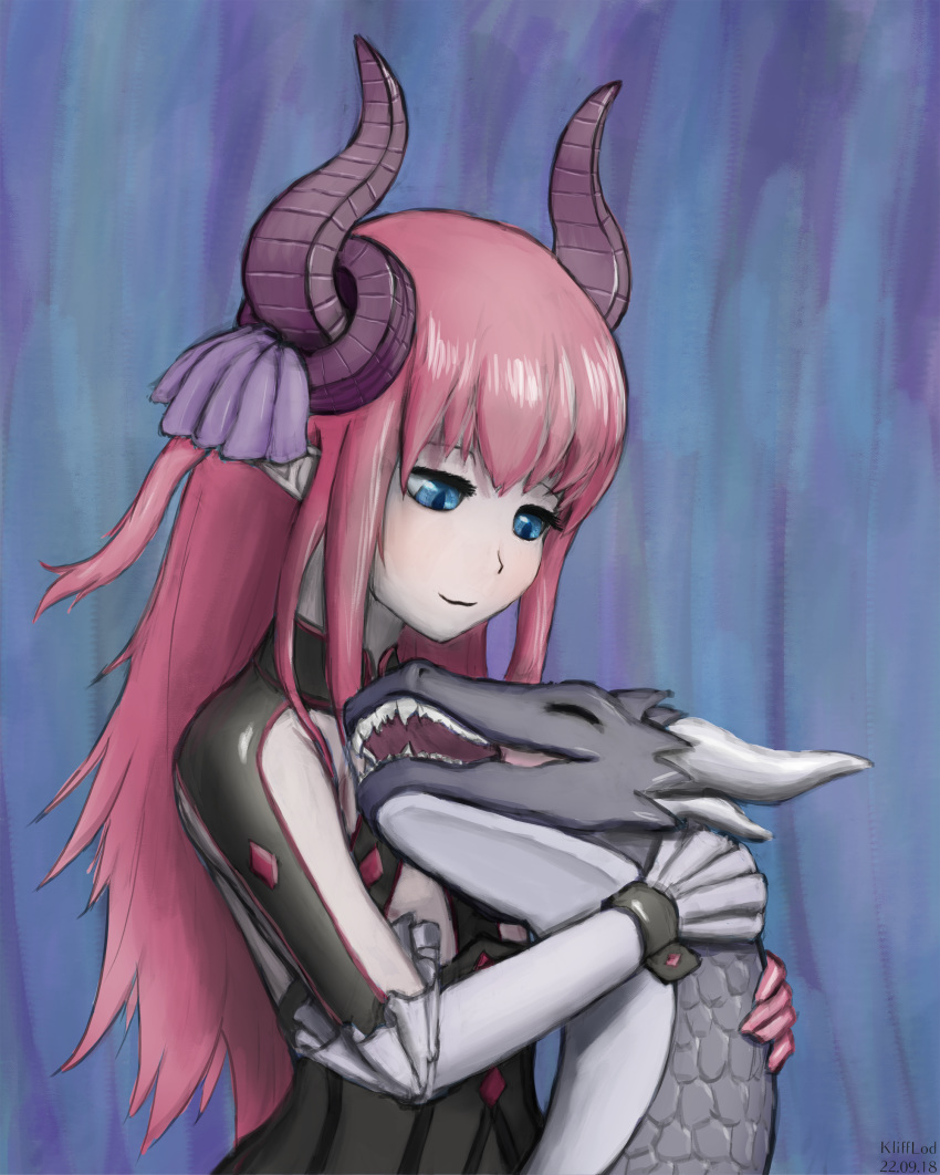 absurdres artist_name asymmetrical_horns bad_anatomy blue_eyes blush closed_eyes closed_mouth commentary_request curled_horns dated dragon dragon_horns elizabeth_bathory_(fate) elizabeth_bathory_(fate/extra_ccc) fate/grand_order fate_(series) female half-closed_eyes highres holding horns hug klifflod long_hair looking_at_animal looking_down pink_hair pointy_ears purple_horns scales self-upload sharp_teeth simple_background slit_pupils smile solo straight_hair teeth uneven_horns upper_body very_long_hair western_dragon