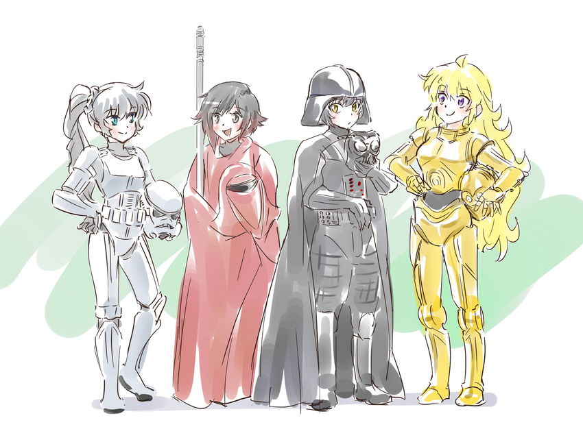 4girls blake_belladonna c-3po c-3po_(cosplay) commentary cosplay darth_vader darth_vader_(cosplay) emperor's_royal_guard highres iesupa multiple_girls ruby_rose rwby star_wars stormtrooper weiss_schnee yang_xiao_long