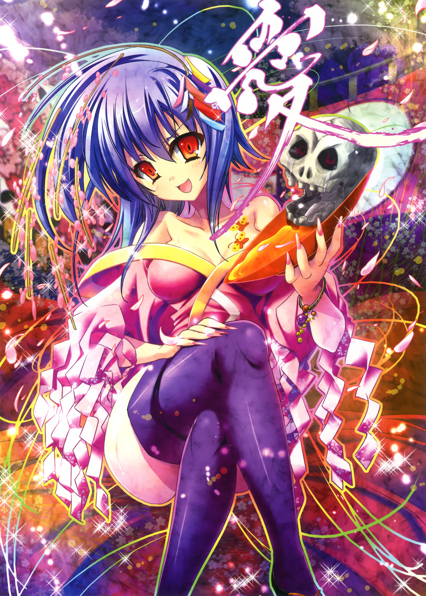 :d absurdres alcohol bare_shoulders blue_hair bone breasts collarbone copyright_request crossed_legs female head_tilt highres japanese_clothes kimono legs looking_at_viewer medium_breasts misakura_nankotsu off_shoulder open_mouth orange_eyes purple_legwear sake short_hair sitting skull smile thighhighs