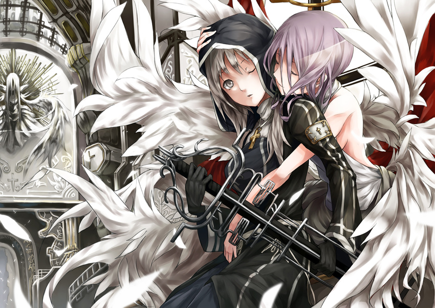 2girls angel bad_id bad_pixiv_id closed_eyes dress gloves grey_eyes grey_hair hood hug kizuka_kanata long_hair multiple_girls original photoshop_(medium) purple_hair sword weapon