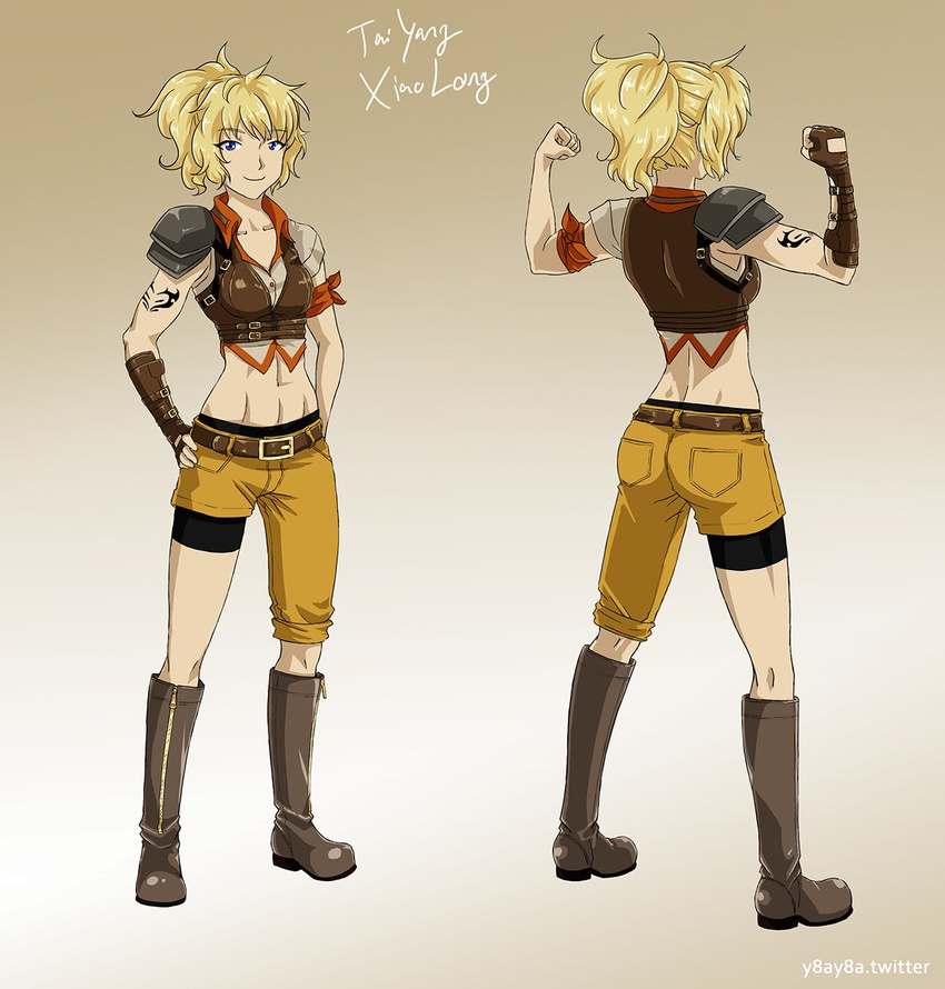 abs asymmetrical_legwear bandana boots commentary female genderswap_(mtf) highres midriff multiple_views navel ponytail rule_63 rwby shorts smile taiyang_xiao_long tattoo title uneven_legwear yaya_(y8ay8a)