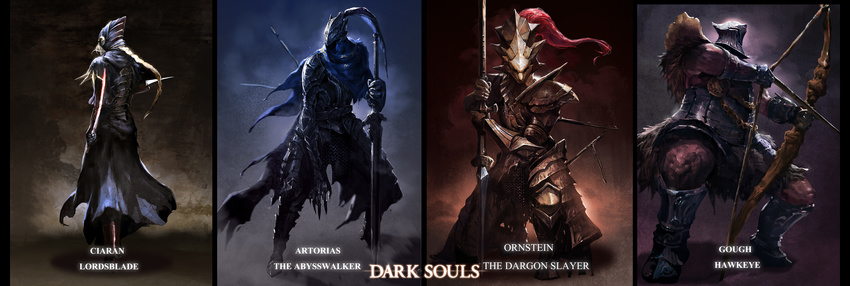 3boys absurdres armor artorias_the_abysswalker blonde_hair bow_(weapon) cape chainmail character_name commentary_request dark_souls_(series) dark_souls_i dragon_slayer_ornstein dual_wielding female full_armor hawkeye_gough helmet highres holding kneeling knight lord's_blade_ciaran multiple_boys photoshop_(medium) plate_armor polearm ponytail spear sword typo weapon yinwoeren