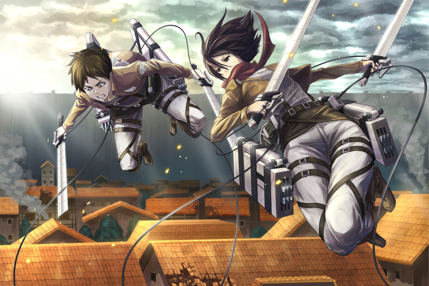 1boy bad_id bad_pixiv_id belt black_eyes black_hair boots brown_hair building cloud commentary_request dual_wielding emblem eren_yeager female holding house jacket looking_down loup mikasa_ackerman paradis_military_uniform scarf shingeki_no_kyojin short_hair sky smoke sword thigh_strap three-dimensional_maneuver_gear training_corps_(emblem) wall weapon wire