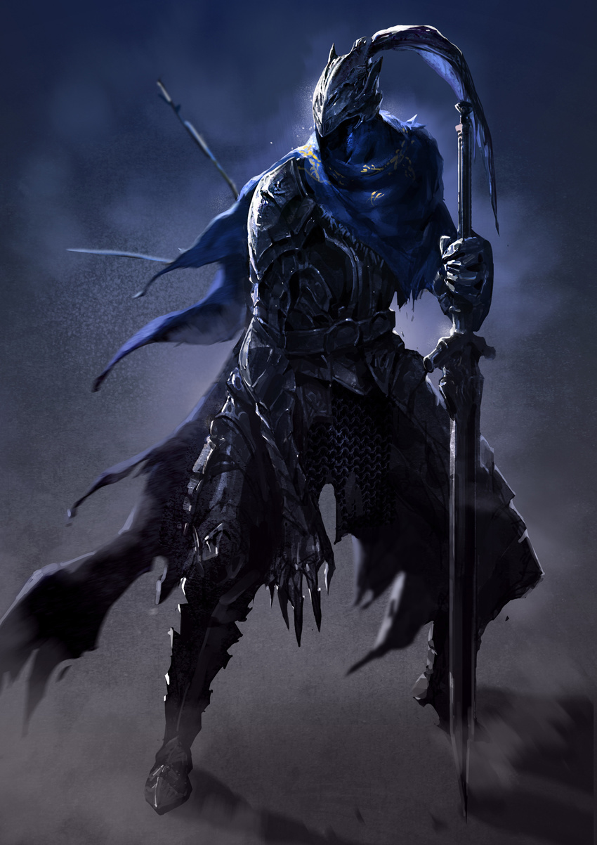 1boy armor artorias_the_abysswalker cape commentary_request dark_souls_(series) dark_souls_i full_armor helmet highres knight male_focus photoshop_(medium) plate_armor solo sword weapon yinwoeren