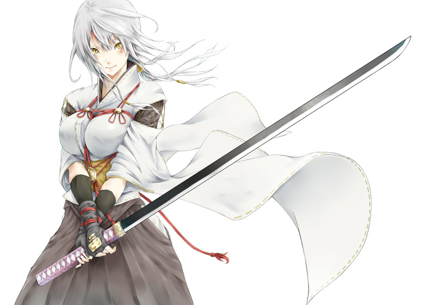 bad_id bad_pixiv_id black_hakama blush female fingerless_gloves gloves hakama hakama_skirt japanese_clothes katana kizuka_kanata original skirt smile solo sword weapon white_background white_hair wind yellow_eyes