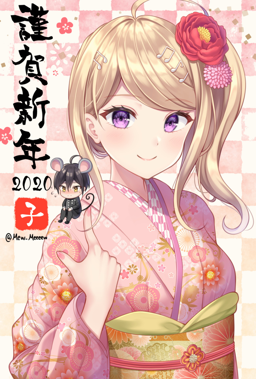 2020 ahoge akamatsu_kaede animal_ears artist_name bangs black_hair black_jacket blonde_hair blush breasts commentary_request danganronpa eyebrows_visible_through_hair female floral_print flower frown hair_between_eyes hair_flower hair_ornament happy highres jacket japanese_clothes kimono long_hair long_sleeves medium_breasts mouse_ears mouse_tail musical_note_hair_ornament nabekokoa new_danganronpa_v3 pink_flower pink_kimono pink_nails purple_eyes red_flower saihara_shuuichi short_hair side_ponytail smile tail translation_request