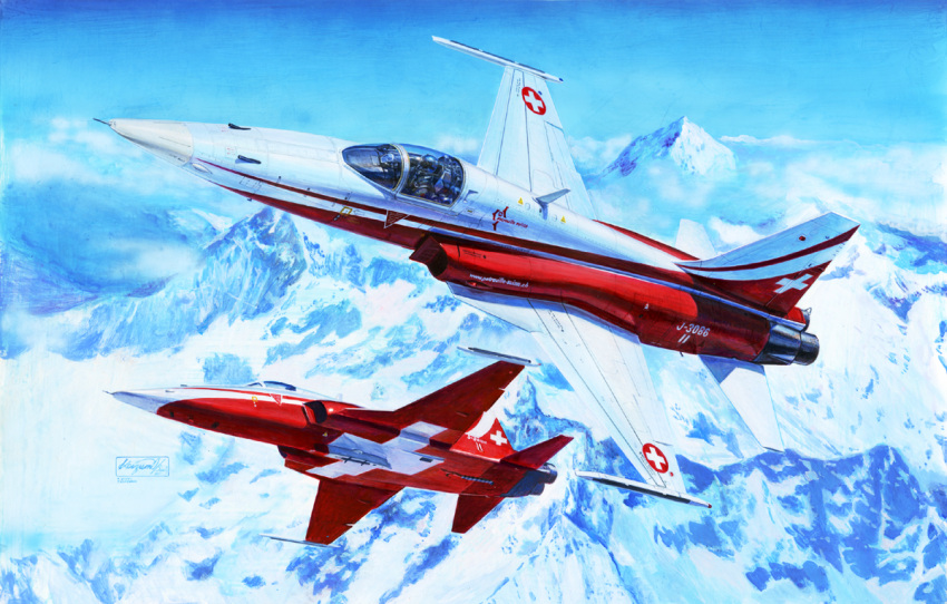 1other afv_club aircraft airplane blue_sky box_art canopy_(aircraft) cloud commentary_request f-5e_tiger_ii fighter_jet flying gun jet koizumi_kazuaki_production looking_to_the_side machine_gun military military_vehicle mountain official_art pilot pilot_helmet pilot_suit science_fiction signature sky snow vehicle_focus weapon