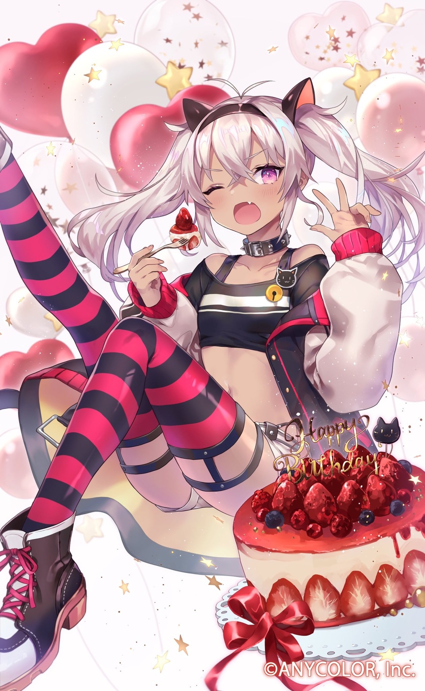 ;o antenna_hair black_choker black_shirt cake choker crop_top dark-skinned_female dark_skin female food hairband hand_up happy_birthday highres holding knees_up leg_up long_hair looking_at_viewer matsukai_mao matsukai_mao_(1st_costume) midriff natsuiro_xx nijisanji oerba_yun_fang off_shoulder official_art one_eye_closed open_mouth pink_eyes shirt shoes short_shorts shorts sidelocks solo stomach striped_clothes striped_thighhighs thighhighs thighs twintails virtual_youtuber white_hair