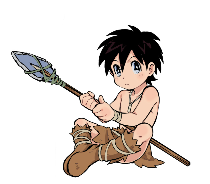 1boy black_hair blue_eyes boots butterfly_sitting commentary doraemon doraemon:_nobita_no_nihon_tanjou highres ieiieiiei jewelry kukuru_(doraemon) loincloth male_focus necklace polearm sitting spear topless_male weapon