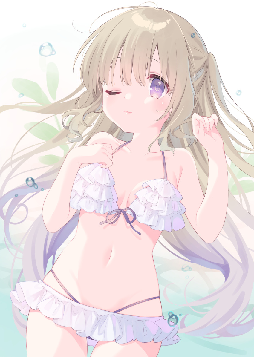 bare_arms bare_shoulders bikini blush breasts brown_hair closed_mouth collarbone commentary_request female frilled_bikini frills hair_between_eyes hands_up highleg highleg_bikini highres kusumoto_shizuru long_hair medium_breasts navel original purple_eyes solo swimsuit two_side_up very_long_hair white_bikini