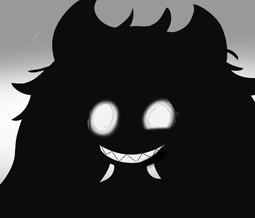 ambiguous_gender anthro black_body black_fur bovid caprine creepy creepy_smile feral fur hi_res humanoid insane mammal miyang miyang_draws! monochrome monster open_mouth open_smile simple_background smile solo white_eyes