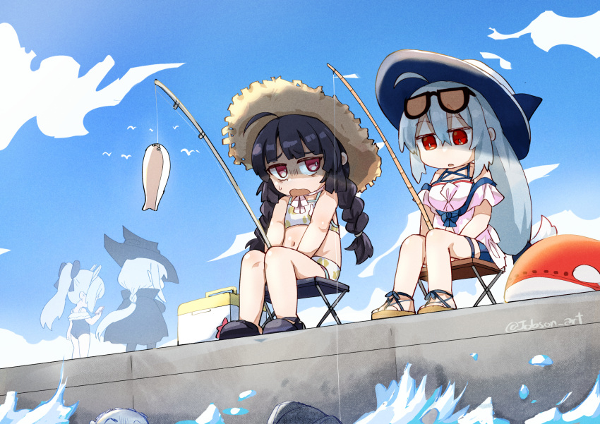 2boys 4girls ahoge animal_ears arknights artist_name bare_shoulders bikini black_coat black_footwear black_hair black_headwear blue_archive blue_headwear blue_one-piece_swimsuit blue_shorts braid breasts brown_headwear casual_one-piece_swimsuit coat commentary_request crossover doctor_(arknights) doodle_sensei_(blue_archive) eyewear_on_head fake_animal_ears fish fishing fishing_rod flat_chest frilled_one-piece_swimsuit frills gladiia_(arknights) grey_hair hair_between_eyes hat headgear highres holding holding_fishing_rod long_hair low-tied_long_hair medium_breasts miyako_(blue_archive) miyako_(swimsuit)_(blue_archive) miyu_(blue_archive) miyu_(swimsuit)_(blue_archive) multiple_boys multiple_girls navel off-shoulder_one-piece_swimsuit off-shoulder_shirt off_shoulder official_alternate_costume one-piece_swimsuit open_mouth orange-tinted_eyewear parted_lips pink_eyes pointy_ears ponytail rabbit_ears red_eyes sacabambaspis sandals sensei_(blue_archive) shirt short_shorts shorts sitting skadi_(arknights) skadi_(waverider)_(arknights) sleepyowl_(jobkung15) straw_hat sunglasses swimsuit thigh_strap tinted_eyewear twin_braids twitter_username very_long_hair white_bikini white_hair white_shirt