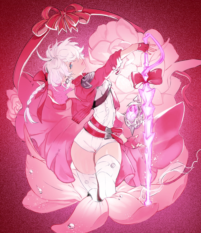 alisaie_leveilleur belt blue_eyes bow braid braided_ponytail crystal_sword elezen elf female final_fantasy final_fantasy_xiv flower glowing glowing_sword glowing_weapon goldfishu hair_over_one_eye hairbow head_tilt highres jacket looking_at_viewer pink_flower pink_rose pointy_ears red_jacket red_mage_(final_fantasy) romper rose solo strap sword thighhighs weapon white_hair white_romper white_thighhighs