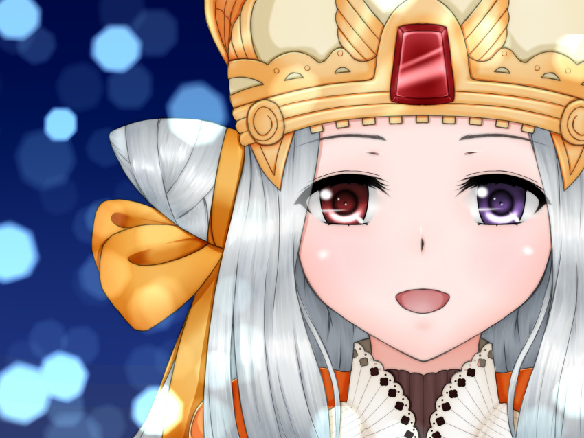 aoi_hito blush brown_dress commentary_request cone_hair_bun crown dress female gem hair_bun highres layered_dress long_hair looking_at_viewer open_mouth pope_(ragnarok_online) portrait purple_eyes ragnarok_online red_eyes smile solo white_dress white_hair