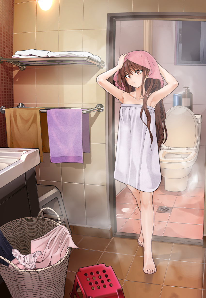 absurdres armpits arms_up bad_id bad_pixiv_id barefoot bath bath_stool bathroom bathtub brown_hair chinese_commentary commentary_request feet female highres holding indoors ke_(yewang19) long_hair looking_at_viewer naked_towel nude original panties shower_head showering stool tile_floor tile_wall tiles towel towel_on_head underwear wet yewang19 yu_xuan_(yewang19)