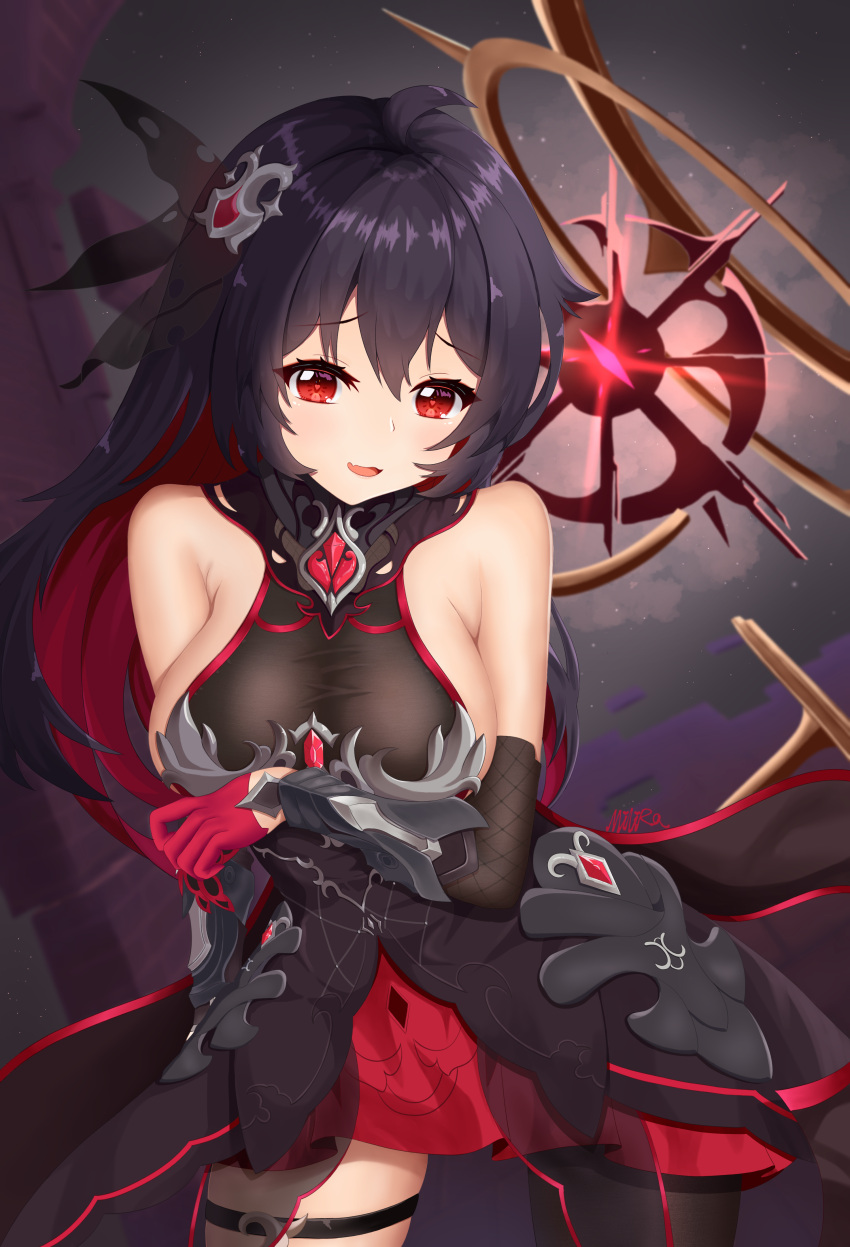 absurdres asymmetrical_legwear bare_shoulders black_dress black_hair blush breasts cowboy_shot detached_sleeves dress female fishnet_sleeves fishnets gloves hair_ornament highres honkai_(series) honkai_impact_3rd large_breasts long_hair looking_at_viewer milira parted_lips red_eyes red_gloves seele_(alter_ego) seele_vollerei seele_vollerei_(starchasm_nyx) sideboob smile solo thigh_strap uneven_legwear