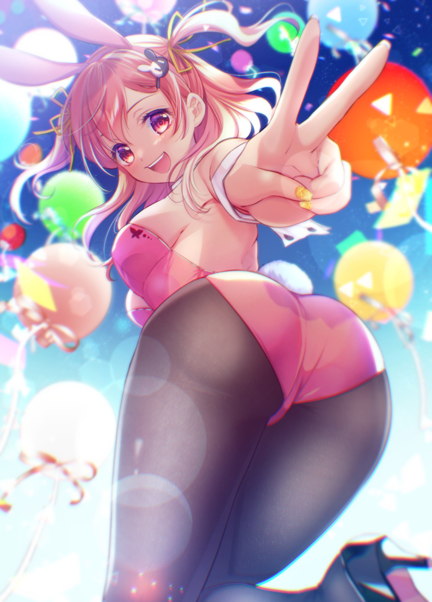 :d animal_ears ass ass_focus balloon bang_dream! bare_back bare_shoulders black_footwear black_pantyhose blurry blurry_background blush breasts commentary_request confetti day fake_animal_ears fake_tail female foot_out_of_frame from_below hair_ornament hair_ribbon hairband hairclip high_heels highres hiromachi_nanami lens_flare leotard looking_at_viewer medium_breasts medium_hair nail_polish open_mouth outdoors pantyhose perspective pink_hair pink_leotard playboy_bunny purple_eyes rabbit_ears rabbit_hair_ornament rabbit_tail ribbon short_twintails sideboob sidelocks sky smile solo standing strapless strapless_leotard tail teeth tsurugi_hikaru twintails upper_teeth_only v wrist_cuffs yellow_nails yellow_ribbon