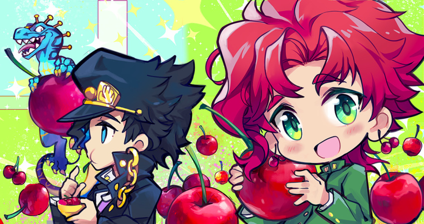 2boys :d blush chains cherry cherry_earrings chibi commentary dinosaur earrings eating english_commentary food food-themed_earrings fruit gakuran green_eyes hat jewelry jojo_no_kimyou_na_bouken kakyoin_noriaki kujo_jotaro long_coat looking_at_viewer male_focus multiple_boys open_mouth red_hair scary_monsters_(stand) school_uniform sebychu smile stand_(jojo) stardust_crusaders steel_ball_run