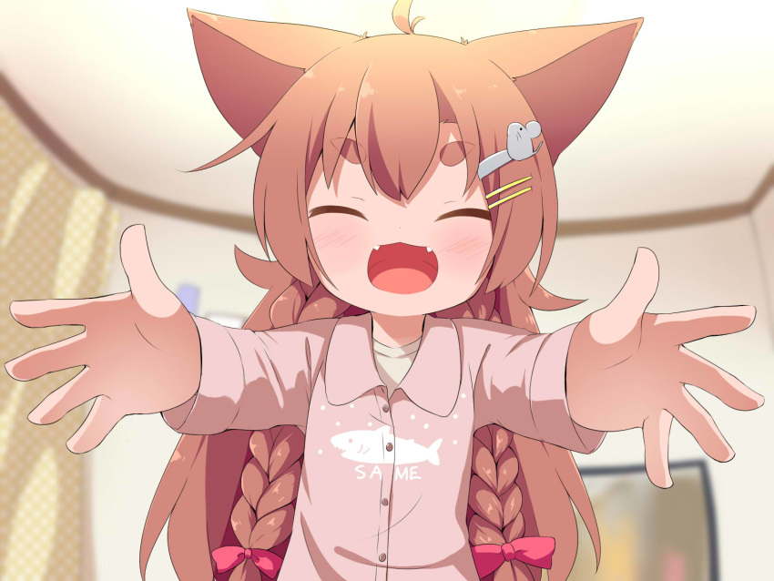 :d ^_^ ahoge animal_ears blurry blurry_background blush bow braid brown_hair closed_eyes clothes_writing collared_shirt commentary_request depth_of_field facing_viewer fangs female foreshortening hair_ornament hairbow hairclip highres incoming_hug indoors long_hair long_sleeves makuran momiji_(makuran) mouse_hair_ornament open_mouth original pink_bow pink_shirt romaji_text shirt short_eyebrows smile solo thick_eyebrows twin_braids upper_body white_shirt