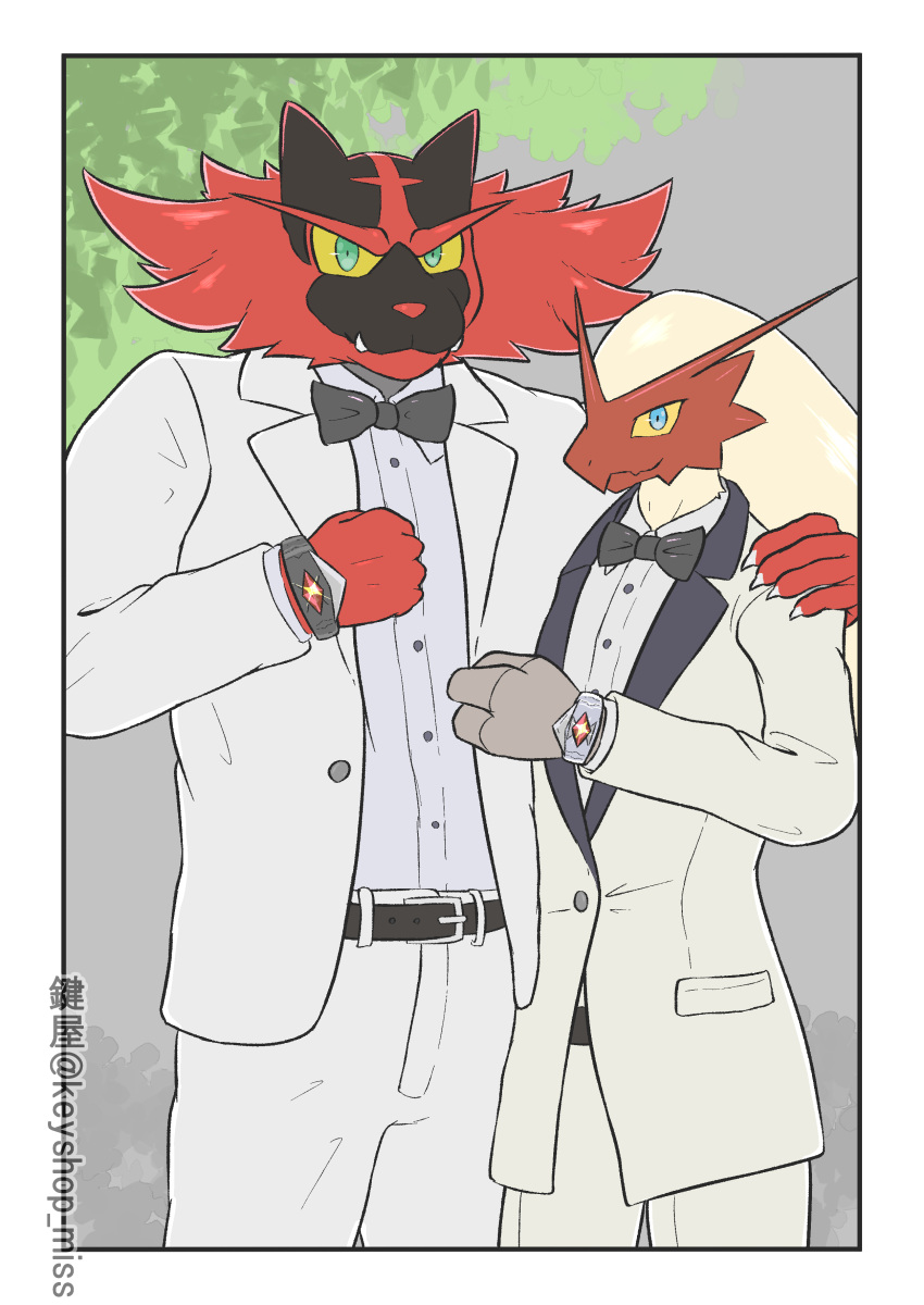 absurd_res anthro biped black_body black_fur blaziken border clothed clothing duo fur generation_3_pokemon generation_7_pokemon hi_res incineroar keyshop_miss looking_at_viewer male nintendo photography pokemon pokemon_(species) red_body red_fur suit tan_body tan_fur wedding white_border yellow_sclera