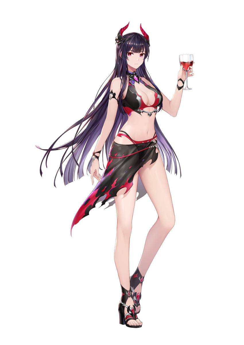 bare_arms bare_shoulders bikini black_bikini black_footwear black_hair breasts cleavage closed_mouth cup demon_horns drinking_glass female full_body gradient_hair hand_up high_heels highres holding horns king's_raid korean_commentary long_hair looking_at_viewer medium_breasts midriff multicolored_hair navel official_art red_eyes sarong see-through seria_(king's_raid) simple_background solo standing stomach swimsuit thighs very_long_hair white_background wine_glass