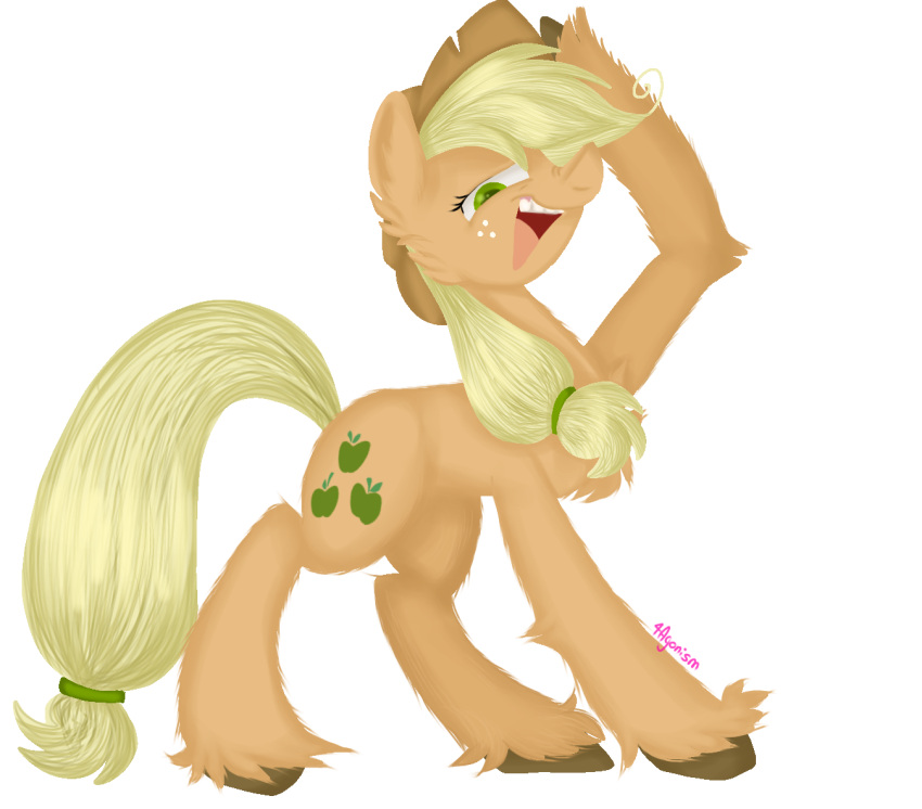 2022 4agonism arm_tuft blonde_hair brown_hooves cheek_tuft chest_tuft clothing cowboy_hat cutie_mark digital_drawing_(artwork) digital_media_(artwork) earth_pony elbow_tuft equid equine facial_tuft female feral fetlocks freckles friendship_is_magic full-length_portrait fur green_eyes grin hair hand_on_head hasbro hat headgear headwear hooves horn horse leg_fluff looking_at_viewer mammal mean_applejack_(mlp) my_little_pony narrowed_eyes open_mouth open_smile orange_body orange_fur pony ponytail portrait pose quadruped raised_hoof shoulder_fluff simple_background smile solo tail tuft white_background yellow_tail