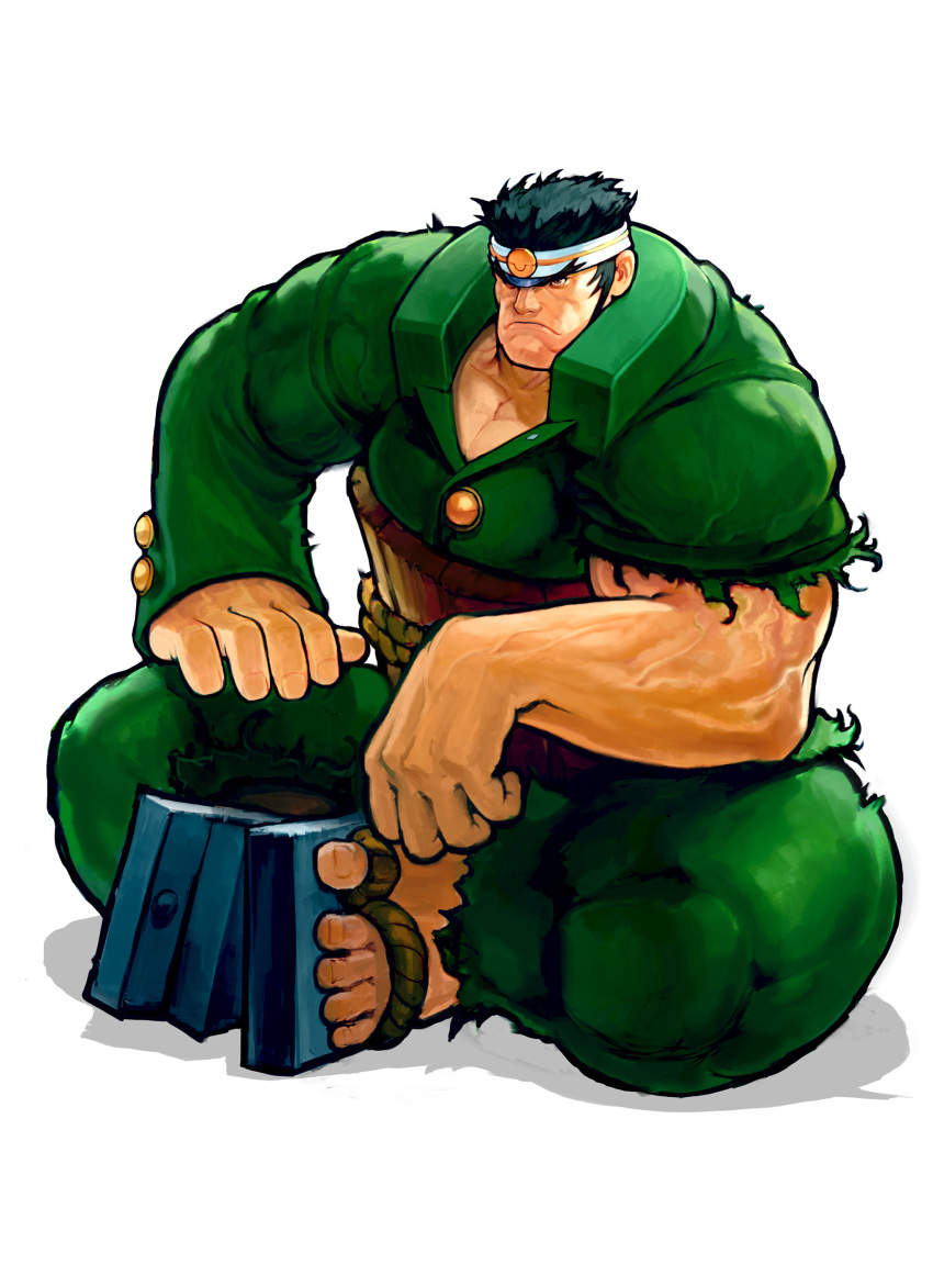 1boy absurdres belt brown_eyes closed_mouth collarbone dark_green_hair fingernails frown green_hair headband highres isurugi_gan justice_gakuen kim_sung_hwan male_focus muscular muscular_male rope_belt simple_background sitting solo toenails torn_clothes veins white_background