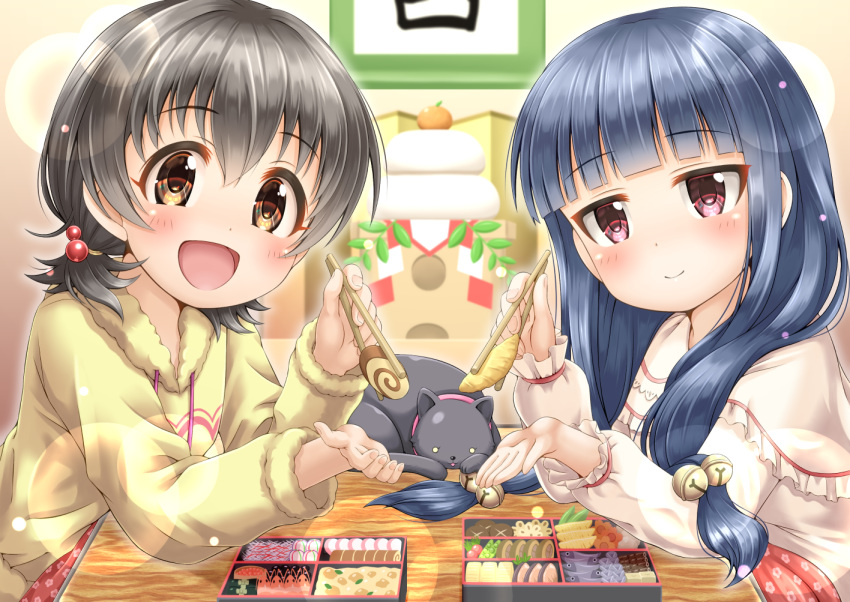 2girls :d akagi_miria animal bell black_cat black_hair blue_hair blurry blurry_background blush brown_eyes chopsticks closed_mouth commentary_request depth_of_field drawstring dress feeding feline food frills fur-trimmed_shirt fur-trimmed_sleeves fur_trim hair_bell hair_between_eyes hair_ornament holding holding_chopsticks idolmaster idolmaster_cinderella_girls incoming_food jingle_bell kotatsu long_hair long_sleeves looking_at_viewer multiple_girls omelet open_mouth pero_(idolmaster_cinderella_girls) red_eyes regular_mow sajo_yukimi shirt smile table tamagoyaki upper_body white_dress yellow_shirt