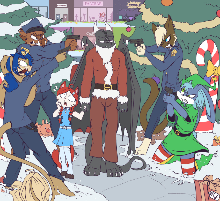 alien anthro christmas dragon female fuf garret_mvahd_(oc) group gun hi_res holidays hybrid lagomorph male mammal mythological_creature mythological_scalie mythology police ranged_weapon scalie silly suid suina sus_(pig) tail weapon wild_boar young young_anthro