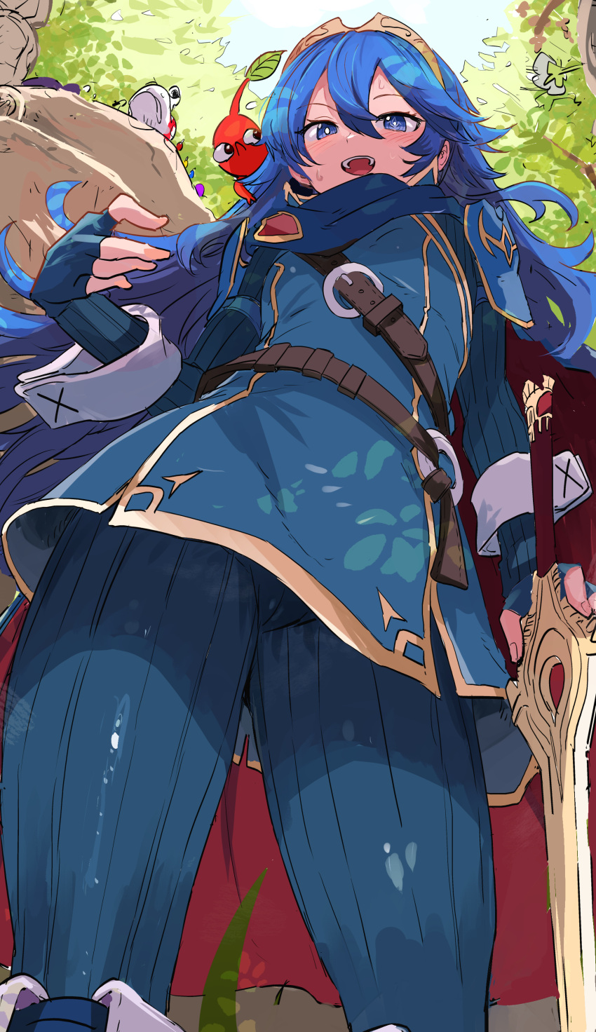 absurdres belt belt_buckle blue_cape blue_eyes blue_gloves blue_hair blue_pikmin blush brand_of_the_exalt brown_belt buckle bulborb cameltoe cape character_name creature creature_on_shoulder crossover english_text engrish_text falchion_(fire_emblem) female fingerless_gloves fire_emblem fire_emblem_awakening from_below gloves highres holding ishijimajirou leather_belt long_hair looking_at_viewer lucina_(fire_emblem) on_shoulder open_mouth pikmin_(creature) pikmin_(series) purple_pikmin ranguage red_cape red_pikmin ribbed_pants ribbed_sleeves smile super_smash_bros. sweat sweatdrop sword thighs tiara tree two-tone_cape weapon wrist_cuffs yellow_pikmin